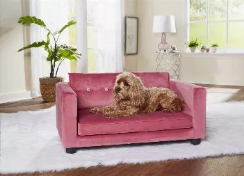 Callie, the 14 pound CavaPoo has found her comfy place upon the Crystal Sofa. Its velvety pink fabric and biscuit tufted back cushion has just the right amount of glam with crystal buttons. The thick seat cushion and padded arms provide a perfect spot for the pet who loves to curl up or lean while resting. The seat cushion cover is removable and washable.<br>2" legs lift bed off floor, keeping your pet draft free<br>Perfect for pets who like to lean, stretch or curl when they sleep<br>Removable/