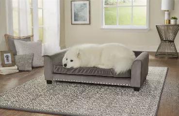 Meet Laylani, a beautiful 60 pound Samoyed, lounging on the elegant Luna Sofa. The clean lines and plush grey velvet with flat silver nail-head detail, offer a sleek and modern sensibility, while feeling solid and secure too. The low profile arms and back provide a perfect place for your pet to lean while resting. The seat cushion cover is removable and washable.<br>2" legs lift bed off floor, keeping your pet draft free<br>Perfect for pets who like to lean, stretch or curl when they sleep<br>St