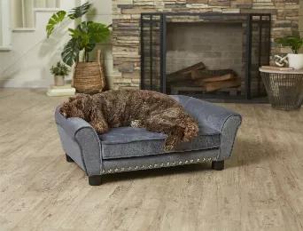 The Charley Sofa, featuring Chloe, a 22 pound Cock-a-Poo, is a mid-sized pet sofa with a classic rolled style arm offering a perfect place for pets who prefer to sleep leaning. Fully upholstered in luxurious deep grey Ultra-Plush with silver nail-heads and made with durable furniture grade construction. The seat cushion is removable and washable.<br>2" legs lift bed off floor, keeping your pet draft free<br>Perfect for pets who like to lean or curl when they sleep<br>Removable/washable cushion c