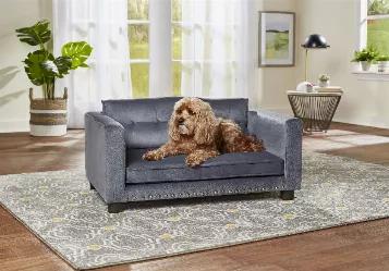 Callie, the 14 pound CavaPoo has found her perfect place upon the Casey Sofa. Its deep grey velvet fabric and biscuit tufted back cushion with covered buttons offers a great place to lean and lounge. The thick seat cushion and padded arms also provide an ideal spot for the pet who loves to curl up or lean while resting. The seat cushion cover is removable and washable.<br>2" legs lift bed off floor, keeping your pet draft free<br>Perfect for pets who like to lean or curl when they sleep<br>Remov