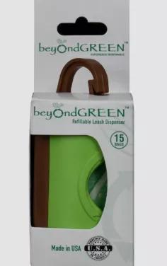 Our beyondGREEN leash dispenser, similar to our bags, is also made in USA at our own manufacturing facility in sunny Southern California. It even comes with 15 of beyondGREEN’s plant-based dog poop bags. This dispenser was created to fit the standard dog poop bag roll of 10 to 15 bags at 9"x12" dimensions per bag. beyondGREEN is Green America’s Certified Business and with that we always ensure that the earth is first! That being said, we made sure that this dispenser is made from recycled pl