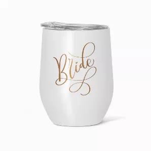 This tumbler is a perfect gift for the bride to be! It works great for coffee, wine, or other beverages and will keep your drink cold or hot. Includes a lid. Tumblers are dishwasher safe and can be used over and over again. Holds 16 oz.