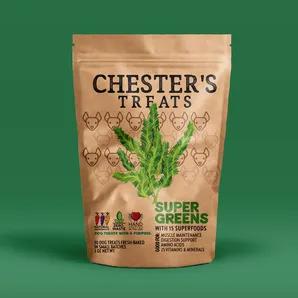 Super greens is our new powerful green treat that packs a punch of beta-carotene, healthy fibers, & helps digestion. <br><br>GOOD FOR:<br>MUSCLE MAINTENANCE<br>DIGESTION SUPPORT<br>AMINO ACIDS<br>25 VITAMINS & MINERALS<br><br>1 Treat = 1 Serving<br>Guaranteed Analysis <br><br><br><br><br><br>INGREDIENTS: STONE GROUND WHOLE WHEAT FLOUR, COCONUT FLOUR, APPLESAUCE, BANANA, WHEAT GRASS, KALE, MORINGA, OAT GRASS, BARLEY GRASS, SPINACH, BROCCOLI, ALFALFA, CHLORELLA, SPIRULINA, CABBAGE, PARSLEY, P&AN L