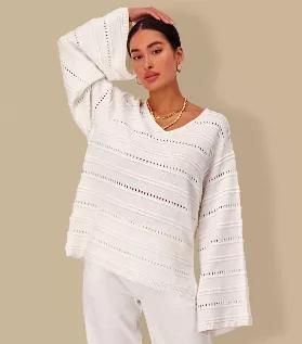 <p>Crafted from a machine washable Cotton Cashmere blend this sweater is lightweight, durable and top quality. Wear to dress up, dress down, lounge or throw over a swimsuit. This pattern knit sweater is a year round staple!</p><p>Easy fit. Model is wear a size MM for a relaxed, oversized fit.</p>