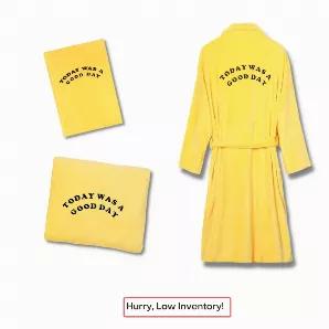 <p><span>Plush Fleece Robe, Nap Blanket & Gratitude Journal</span></p><p>All the things:</p><div>ROBE: A plush fleece robe featuring two oversized front pockets and removable waist belt. Rest and relaxation begin the moment you slip into one! Embroidered text reads "Today Was A Good Day."</div><div><ul><li>Material: 100% polyester fleece</li><li>Fit: One size fits most</li><li>Length: 42" long and falls just below the knee</li><li>Care: Machine wash</li></ul><p>BLANKET: <span>A super soft, mediu