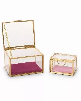 <div>Made from gold brass and glass</div><div>Lined with fabric</div><div>Hinged lids with security chains</div><div>Medium: H 6cm x W 10cm x D 8cm</div><div>Small: H 4.5cm x W 7cm x D 5cm</div>