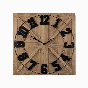 This square-shaped clock is a must-have piece for your rustic home. It features a metal face, paired with black hands and a wooden frame with visible knot and grain details. The piece flaunts minor distressed white-wash accents as well.<br>