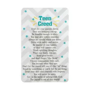 Teen Creed Pocket Card Bookmark Pack of 12 This pocket card bookmark features attractive art and inspiring words on front; To and From spaces on back. Laminated for extra durability; size is 2 1/2" x 3 7/8". Sold in packs of 12; so these are great small gifts for groups.