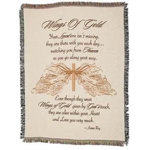 A Cross With Angel Wings Accompanies A Poem On This Tapestry Weave Cotton Throw Blanket. Makes A Thoughtful And Comforting Gift In Times Of Bereavement. Edges Are Fringed On All Sides And Add About 2 Inches To Each Side. Size Of Throw Is Approximately 48x68. Text Of Poem: Wings Of Gold - Your Loved One Is Not Missing, They Are There With You Each Day... Watching You From Heaven As You Go Along Your Way. Even Though They Wear Wings Of Gold Given By Gods Touch, They Are Alive Within Your Heart And