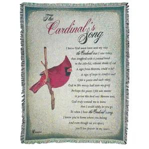 Gorgeous tapestry throw blanket has a branch-perching cardinal with the comforting poem, The Cardinal's Song. Woven of 100 percent heavyweight cotton, the throw has fringed edges and measures 52 inches wide x 68 inches high. Thoughtful bereavement gift. Cardinal design is copyright Nina Graff. Poem is copyright Dicksons, Inc.
