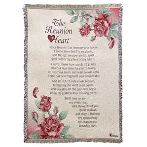 This gorgeous tapestry style throw displays the comforting Reunion Heart(TM) poem, accompanied by a red rose design. Makes a thoughtful bereavement gift that is sure to be appreciated. Made of 100 percent cotton, this throw is fringed all around and measures about 48" x 68". Words of poem: Since Heaven has become your home I sometimes feel I'm so alone; and though we now are far apart you hold a big piece of my heart. I never knew how much I'd grieve when it was time for you to leave or just how