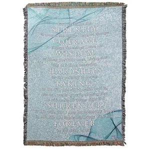 The complete version of the Serenity Prayer is beautifully displayed on this tapestry style throw; soft blue background adds to the sense of serenity. Made of 100 percent cotton, this throw is fringed all around and measures about 48" x 68". Words of prayer: God grant me the Serenity to accept this things I cannot change; Courage to change the things I can; and Wisdom to know the difference. Living one day at a time; Accepting hardships as the pathway to peace; Taking, as He did, this sinful wor