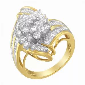Elegant 10KT gold ring with gorgeous natural diamonds. The round- and baguette-cut stones sparkle beautifully in a prong setting. The chic design is sure to stand the test of time and works as a fashion piece, promise ring or anniversary gift.