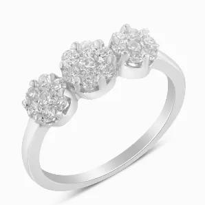 This classic three stone past present and future ring features a three-stone round cut diamond look. A modern twist on the classic three stone engagement ring, this diamond ring has a 3 stone head; each head showcases 7 round diamonds in a composite setting. All diamonds are prong set in cool 14k white gold. Make her wishes come true with this gorgeous diamond ring.