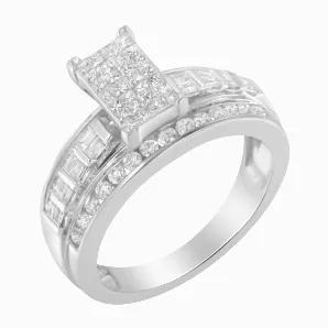 A diamond composite ring that features a central cluster of princess cut diamonds set in a rectangular shape and flanked by a part eternity band with double baguettes. Attached to this elegant ring is a further part eternity band with round diamonds. This unique ring has a total diamond weight of 1 carat.