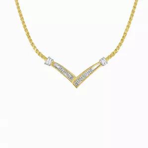 This luxurious pendant features a V shape inlaid with glittering diamonds. Created in 10k yellow and white gold, this necklace showcases 1/2ct TDW in diamonds. A yellow gold V is studded with 42 shimmering princess cut diamonds. White gold ribbons sit on the ends of the V and connect with the yellow gold rope chain. The necklace secures with a box clasp.