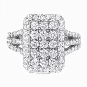 This elaborately designed 1 9/10 ct tdw cluster ring has a central design of 5 rows of glittering diamonds, and diamonds adorning the outer edges and band. The diamonds are round-cut, lab-grown and embellished in a unique micro-pave setting. The diamonds are sustainable and ethical, so you can feel good about this purchase. This piece comes in size 7.