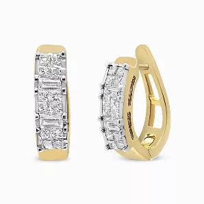 These striking 14k yellow gold diamond U hoop earrings sparkle with 1/2ct TDW of baguette and princess cut diamonds. 4 princess cut diamonds set together create the illusion of a larger diamond. 3 of these clusters alternate with baguette cut diamonds and line the front of each of these hoops. A clip on mechanism keeps the earrings secure.