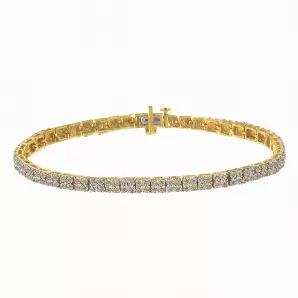 This diamond link bracelet features a design of four clustered round diamonds set in a square shape to resemble a double row tennis bracelet. Crafted in 2 micron plated 14 karat yellow gold sterling silver, this bracelet has a delicate and classic design. It features a total diamond weight of 5 1/6 carats.