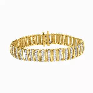 This gorgeous 10k yellow-gold plated sterling silver link bracelet boasts an impressive total diamond weight of 5 ct. This stunning piece boasts an alternating design of "s" links with 5 round-cut, natural diamonds in a prong setting. This bracelet is the perfect accessory for any formal night out.