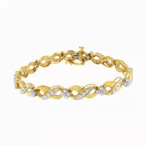 The infinity symbol represents the idea of forever, just like the love you share together. Capture that sentiment with this beautiful bracelet, which features an endless loop of diamond-embellished yellow gold bands that come together for a dazzling display.