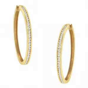 You can't go wrong with these classic 1ct TDW diamond hoop earrings. Sixty six channel set, round cut diamonds sparkle against the warm tone of this 10k yellow gold design. A clip on mechanism keeps the earrings secure.