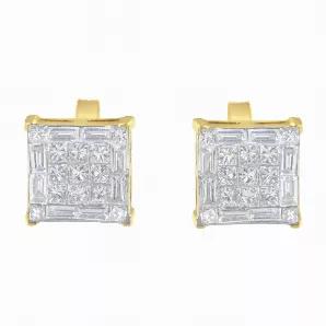 This glamorous pair of stud earrings features cluster of nine princess cut diamonds set in a square shape within a halo of round a baguette diamonds. Crafted in 10 karat yellow gold, they have a total diamond weight of 1/2 carat.