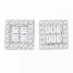 Refresh your regular look by wearing these beautiful diamond stud earrings. These 14k white gold diamond stud earrings are designed in square shape and adorned with one karats round and baguette diamond cut. Its dazzling look and perfect shape make this pair a perfect gift for any lovely lady on any occasion.