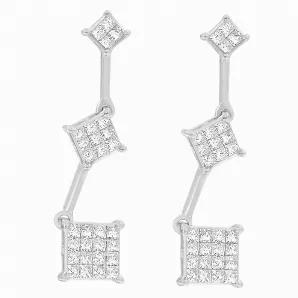 Complete her charming look with these adorable yet sophisticated diamond earrings. Designed in a modern style, the beautiful earrings features a trio of three square-shaped accents and composed of rich 14 karats white gold. Each of the earrings captivates the flickering princess cut diamonds, arranged in an invisible setting.