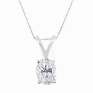 A brilliant 3/8ct oval cut diamond is highlighted in this classic four prong pendant. The pendant delicately hangs from a rolo chain. This 10k white gold necklace is perfect for any occasion.