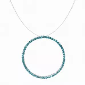 Indulge in this rich aqua blue color-treated diamond necklace. A glittering two carats worth of round diamonds are beautifully set in 14K white gold for added panache. Wearing this piece is sure to make you the stunning focal point of any environment.