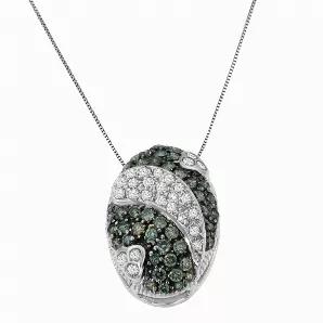 Round cut blue and white diamonds are pave set into this 14k white gold pendant in a swirling design reminiscent of a Faberge egg.  Each piece ships with a size 18 chain so she can wear it immediately.