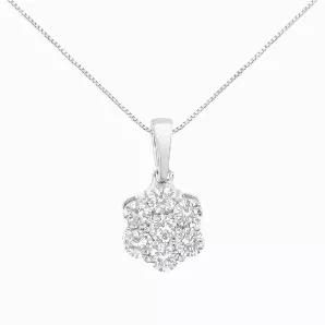 A simple and elegant necklace to compliment your outfit. A delicate flower is created by a cluster of 7 shimmering round cut diamonds in a prong setting. 1ct TDW of diamonds is showcased in this 14k white gold design that hangs from a box chain and secures with a spring ring clasp.