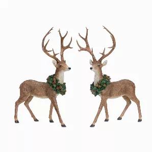 Add a touch of woodland nature to your home with this beautiful set of Deer Figurines with Wreaths. Featuring two assorted designs, the realistic painted design paired with the traditional wreath accent is the perfect combination to create a stunning Christmas display. The quality carved polyresin composition is sure to last for seasons to come. Display the pieces together to make a statement, or display them alongside your other holiday D?cor to add interest to the space.