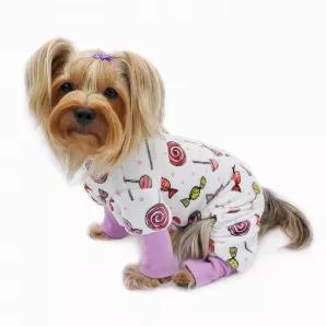 Adorable and ultra soft furry pajamas made with stretchable minky fabric, with sweet candies and lollipop prints all over! Accented with stretchable collar and cuffs. A small D-Ring attached near the neck area to add on a "Klippo" charm or ID tag! Each outfit comes in its own Klippo logo charm. (Size XL fits: Neck 13"~15"; Chest 18"~20"; Back Length 14"~16")