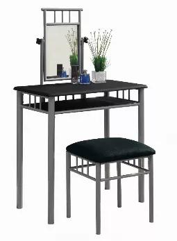 Length: 46
Width: 31
Height: 69.5
This classy 2 piece vanity set will be a fabulous addition to your bedroom or dressing area. Create a peaceful space to get ready for your day, or for a fun night out. This vanity set features smooth lines, silver metal legs, a vertical swivel mirror, and