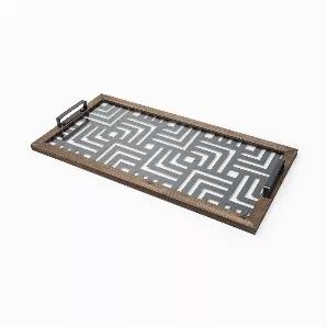 Length: 32
Width: 15.75
Height: 2.6
A Stylish, Rectangular Serving Tray That Features A Medium-Brown Stained, Wooden Frame That Supports A Glass Top. Underneath The Glass Tray Top Is A Thin, Metal Sheet Which Flaunts A Maze Like Pattern That Adds To The Visuals Of The Tray. Equipped With Handles On Either Side, The Fantuz Is Not Only A Stylish But Also A Functional Choice Of decor For Spaces Based On The Mercana Modern Or Industrial Design Styles.