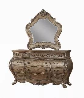 Length: 46
Width: 3
Height: 48
This mirror is an impeccable example of truly memorable luxurious traditional design. This vintage oak mirror features an arched frame with intricate floral design and beveled mirror. This piece is sure to bring a classy and traditional style to any bedroom.
