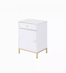 Length: 20 Width: 16 Height: 30 Let this elegant cabinet create a congenial working environment for you in your room or study. Coming in a unique modern style, this piece wears a white high gloss finish that will neatly blend with any existing decor in your room. It features a gold metal base, a door and a storage drawer for keeping books and other accessories. The stylish and functional piece will add a contemporary look to your work space.