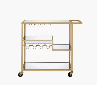 Length: 16 Width: 40 Height: 37 This serving cart stands at the extreme of sophistication and with its fashionable platforms, meals can better be served. Its shimmering gold plated metal frame highlight beautifully the whole design to give it an inspiring profile. This masterpiece features four elegant caster wheels and grips for easy mobility. The serving cart comes with four mirrored shelves with wine bottle rack that provide ample space for trays, plates and other serving details. Weight capa