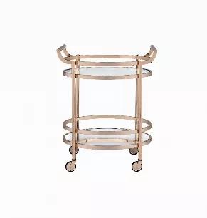 Length: 19 Width: 27 Height: 34 This serving cart stands at the extreme of sophistication and with its fashionable platforms, meals can better be served. Its shimmering rose gold frame highlight beautifully the whole design to give it an inspiring profile. This masterpiece features four elegant caster wheels and grips for easy mobility. The serving cart comes with two clear tempered glass shelves that provide ample space for trays, plates and other serving details. Weight capacity: 20Lbs per she