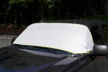 Bare Ground Windshield Protectant. Avoid scraping snow, ice, frost and sleet from your vehicle's windshield. The Bare Ground Windshield snow cover keeps your windshield free from snow and ice in the winter. It also protects your car interior in the heat of the summer. Made of tough, weather resistant polyolefin - a non-stick protective coating that allows snow, ice, frost and sleet to be removed easily. This can be installed within 30 seconds and accommodates side mirrors. Measures 93 x 23 inclu