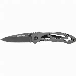 Smith & Wesson Frame Lock Folding Knife in grey has a 7Cr17MoV high carbon stainless steel drop point blade with right/left hand thumb knobs. The grey stainless steel skeleton handle has a spine jimping and pocket clip. Blade measures 2.22", handle length 3.18" and overall length 5.37".