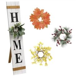 Welcome your friends and family to your home with this charming, rustic sign.  It features a changeable wreath for all 4 seasons so you're never without seasonal decor!  Includes yellow Spring blossom wreath, eucalyptus Summer wreath, Fall leaves wreath and holiday garland wreath. Perfect for your covered entryway, foyer or porch.