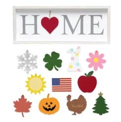 Add a little rustic charm to any room in your home with this interchangeable sign. Perfect for entryway, foyer table, or mantle.  It features a changeable symbol for all holidays so you're d?cor is always up to date with the season.  It comes with 12 symbols, 1 for every month of the year!  Includes heart, winter snowflake, St Patrick's Dau shamrock, Easter bunny, Spring flower, Summer sun, American flag, Back to School apple, fall leaf, Halloween pumpkin, Thanksgiving turkey, and Christmas tree
