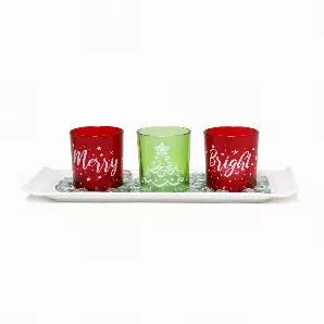 Add some festive d?cor to your space with this set of Holiday candle holders!  This arrangement includes 3 evenly sized glass candle holders atop a ceramic plate, complimented by surrounding glass beads.  Perfect for any room, this accent piece will complete the look of your holiday dreams! 