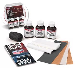 The BW Casey Tru Oil Stock Finish Kit is a complete kit that includes everything needed to finish a new stock or to refinish an old stock.  The Tru-Oil Gun Stock Finish brings out the richness and beauty of fine woods and gives a tough, long lasting finish. This easy to use kit includes a 3 ounce Tru-Oil Gun Stock Finish, a 3 Ounce Walnut Stain, a 3 Ounce Stock Sheen and Conditioner, Fine, Medium, and Coarse papers, 00 steel wool pads, service cloths, polish cloths, and a complete instruction gu