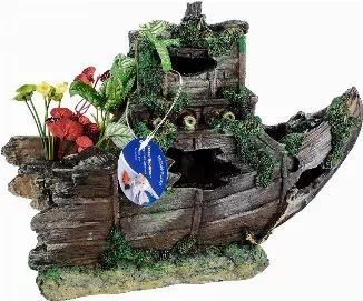 Our realistically detailed sunken shipwreck bow creates a peaceful hideaway for your fish while adding beauty and a touch of mystery to your aquarium. This poly-resin, precision crafted, super detailed shipwreck includes several holes for fish to swim through and plants for that complete down under feel. Made of fish-safe materials and colors and is ideal for fresh or salt water aquariums. Size: 15 X7 X11.