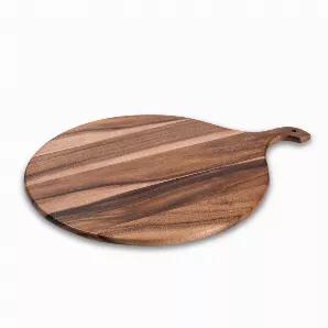 Medium Round Acacia wood cutting board featuring a beautifully shaped handle.	<br>Thick board for easier use.	<br>Hole in handle for hanging and storing purposes.  <br>Handle makes it easy to go from kitchen to table for serving appetizers of cheese, meats or bread.	<br>Made from environmentally friendly acacia wood	<br>Cleans up easily by wiping with a damp cloth.
