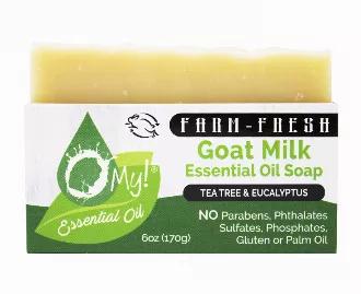 This Australian essential oil has a fresh, antiseptic scent.  Infused with goat milk, this fabulous soap helps to sweet away skin impurities from head to toe. <br> Features: <br> Made with farm-fresh goat milk directly from our happy goat farm, full of vitamins, minerals & proteins <br>
Paraben free, Phthalate free, Sulfate free, Phosphate free, Palm Oil Free <br>
PH Balance is most similar to our skin's PH Balance; doesn't strip natural oils from skin when cleansing <br>
Packaged in biodegradab